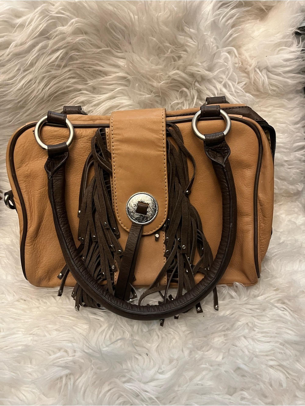 Tan Shoulder Bag with Dark Brown Fringe and Silver Concho